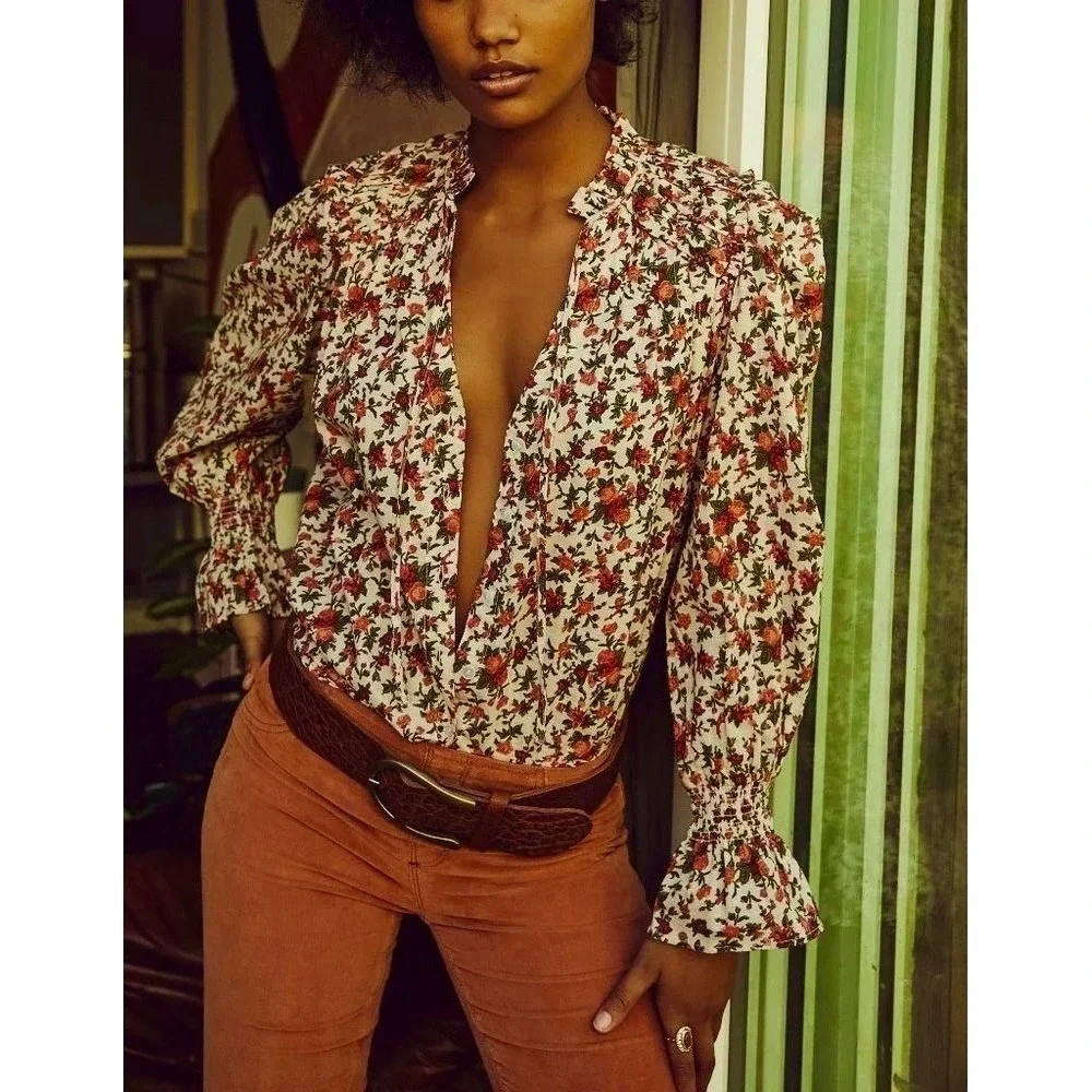 FREE PEOPLE Meant To‎ Be Blouse Floral Vintage Combo Ruffled Smocked Small